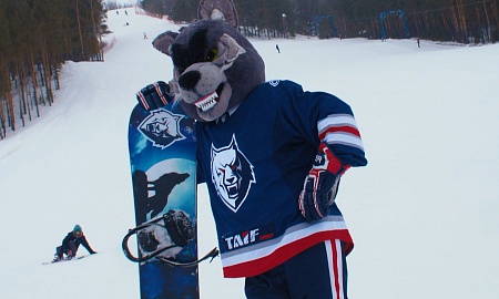 Волк катается на сноуборде